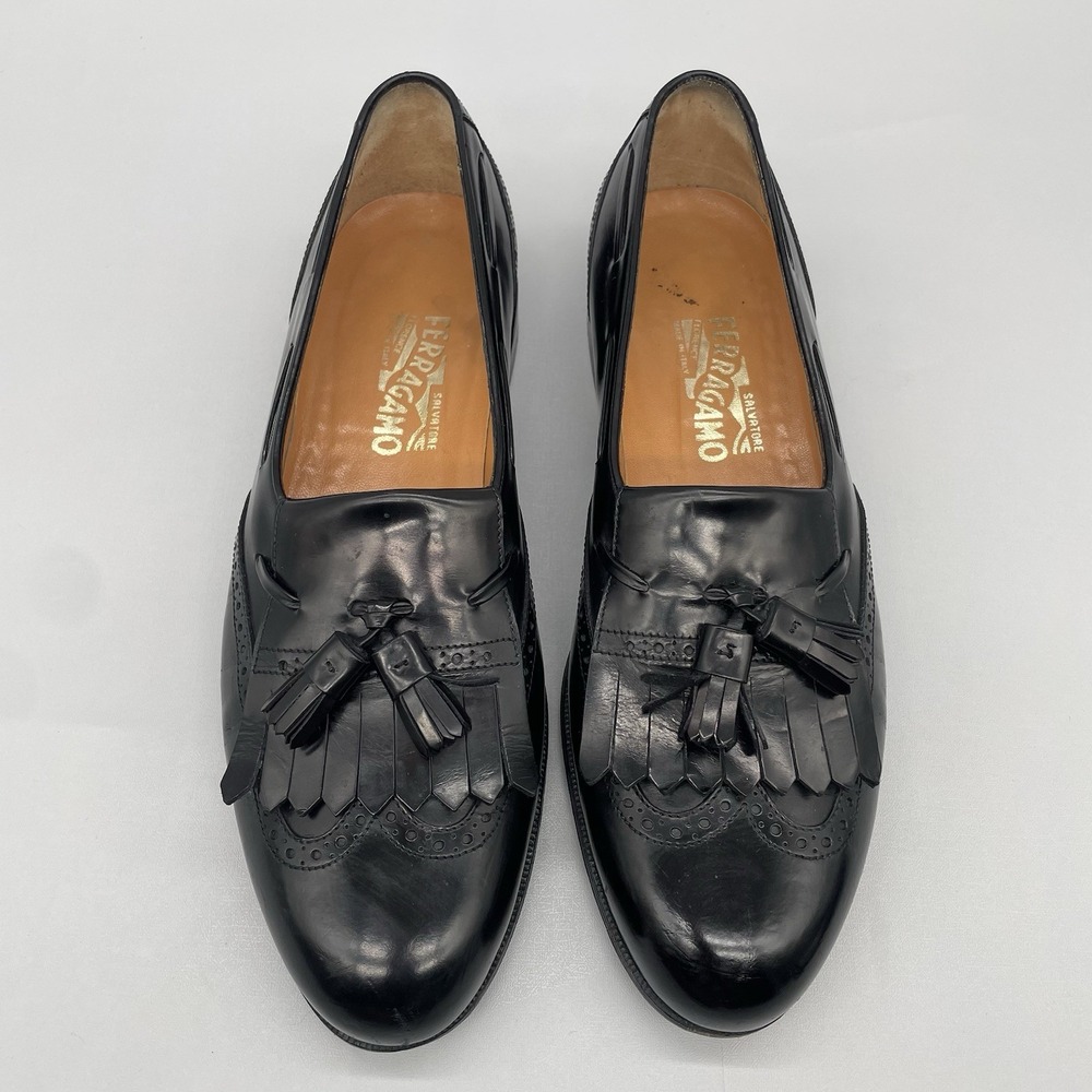 Salvatore Ferragamo Mens‎ 11.5 D Lucas Kiltie Tassel Loafers Black Leather Shoes